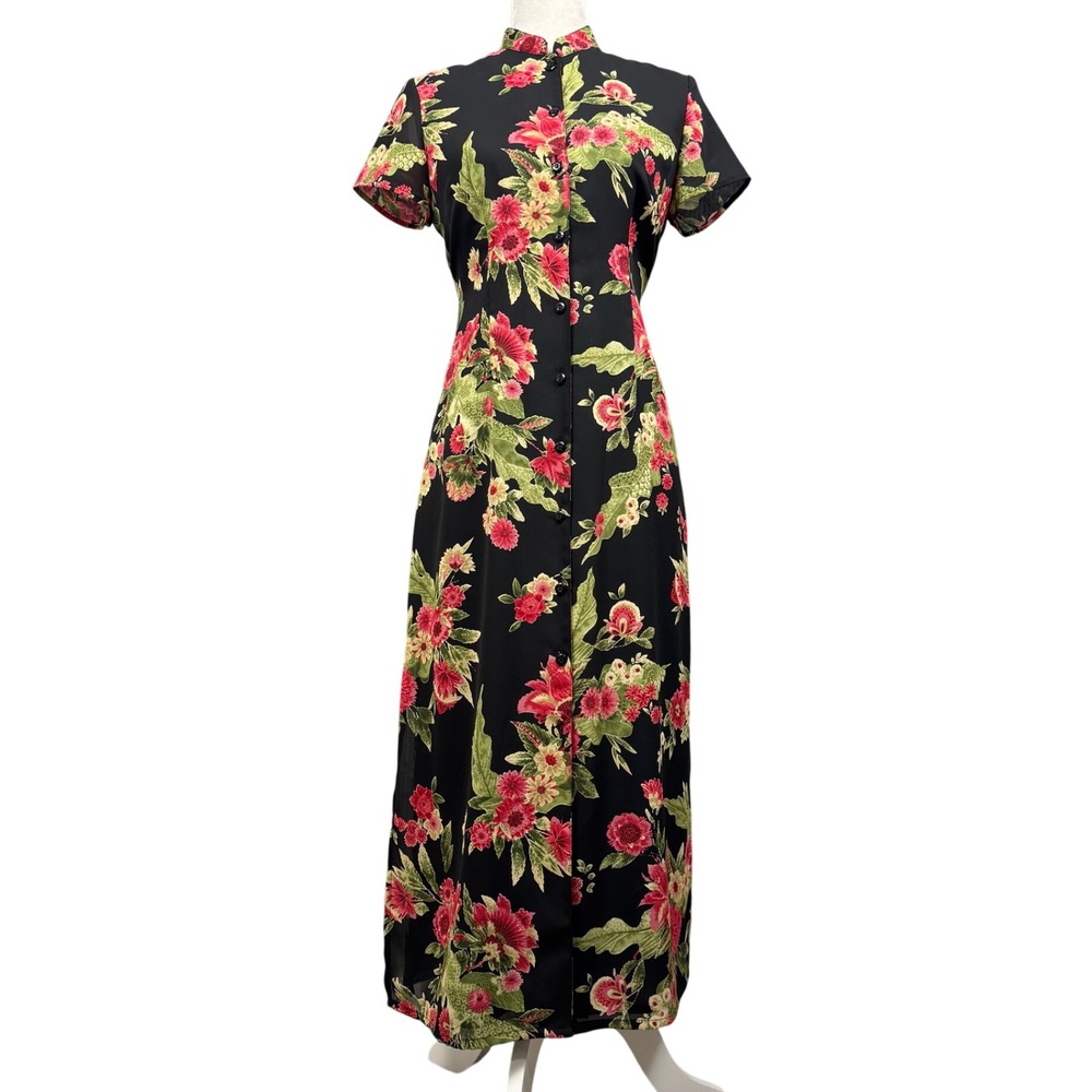 Vtg 90s Emma James Midi Dress Womens 4P Black Floral Maxi Mandarin Button Front